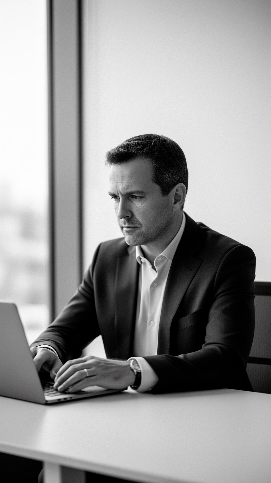 Cégvezető fókuszáltan dolgozik a laptopnál egy minimál irodában