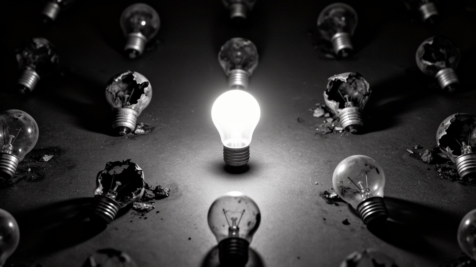 Egyetlen világító izzó kiégett izzók között — 5% siker vs. 95% bukás