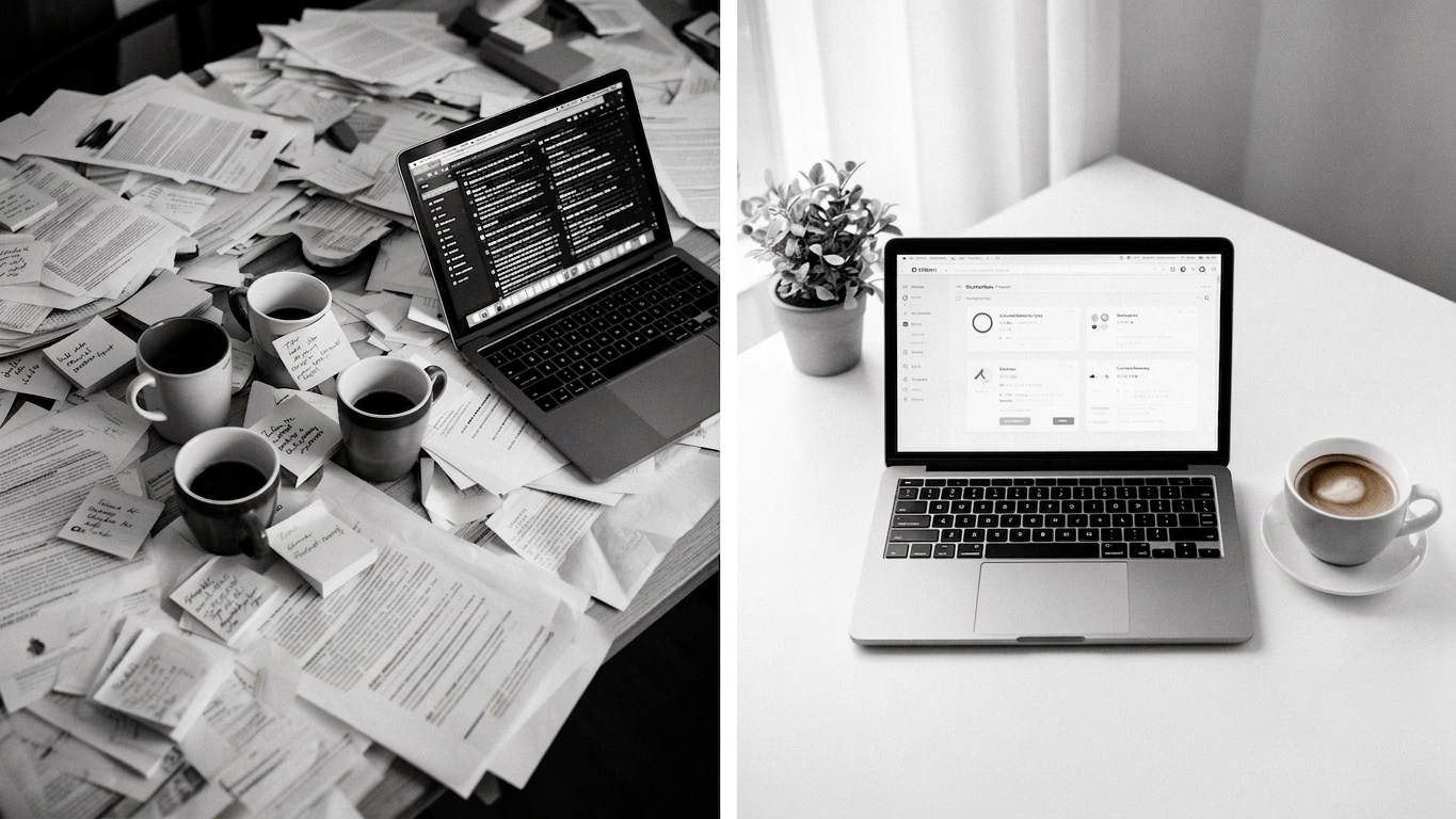 Káoszos íróasztal papírokkal és kávéscsészékkel a rendezett, minimál munkaállomás mellett